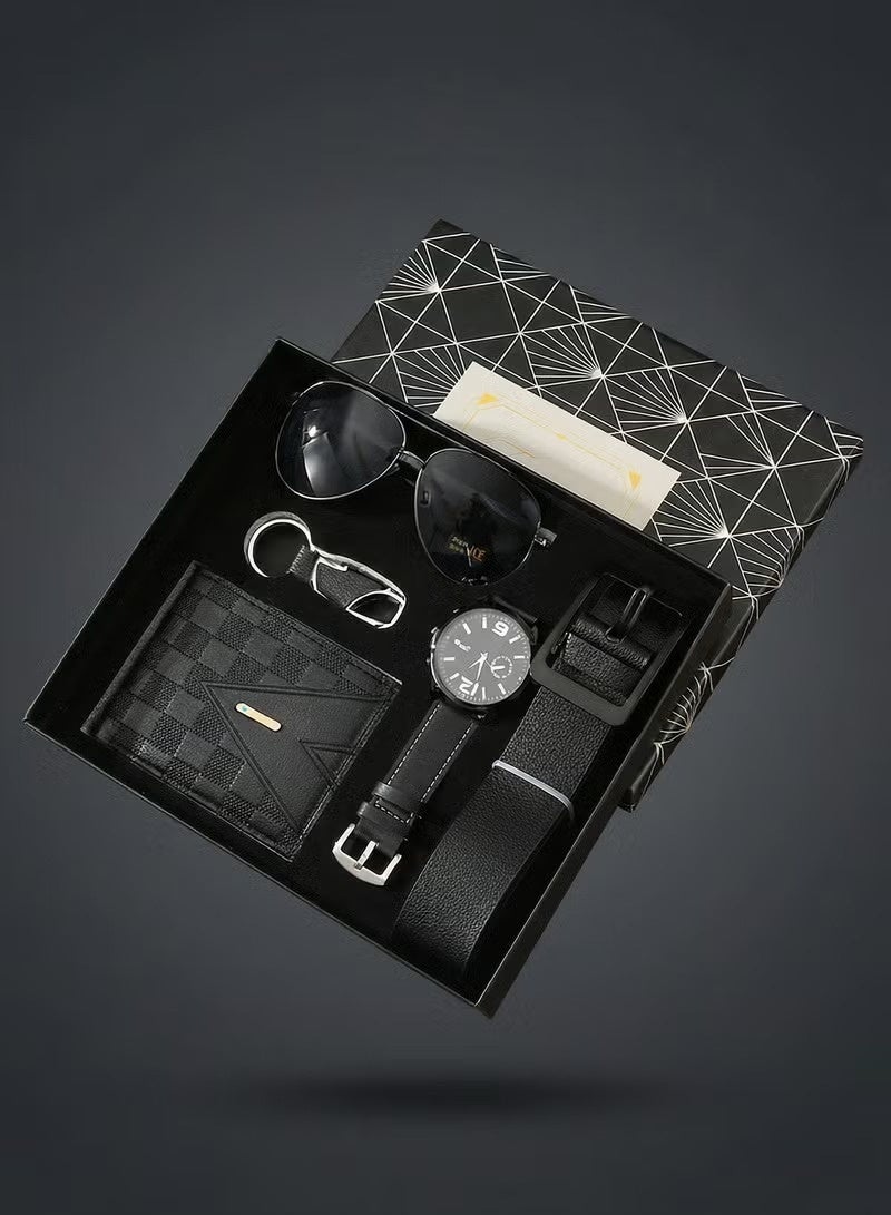 مجموعة هدايا 5 قطع ممتازة للرجال - ساعة ومحفظة وحزام ونظارات شمسية وسلسلة مفاتيح  صندوق هدايا أسود فاخر - Image 1